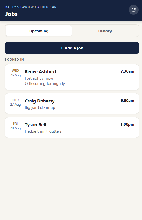 Upcoming jobs screen in the job scheduler app