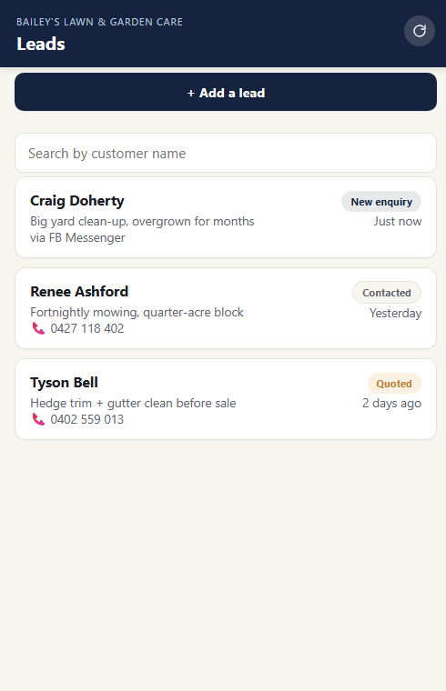 Enquiries screen in the job scheduler app